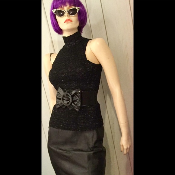 VTG 80s Glittery Black Lace High Collar Shell Top GANTOS - Picture 4 of 8